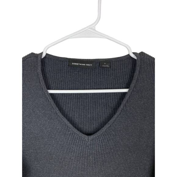 Something Navy Gray Black Sweater Pullover Ribbed V-Neck Slits Stretchy Small - Picture 3 of 8